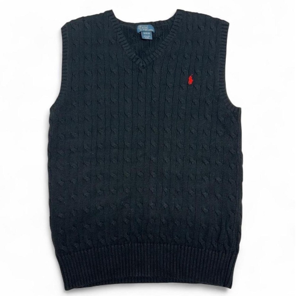 Polo Ralph Lauren Boys XL 18-20 Cable Knit Sweater Vest black Red Pony Logo